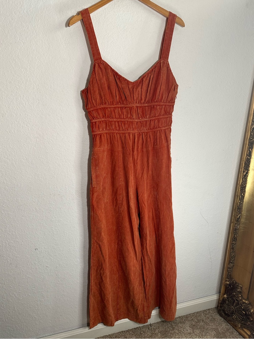NWT Fate for Vici Dolly Ruched Pocketed Jumpsuit Rust Orange 100% Cotton $68